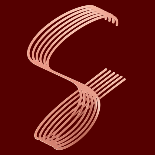 Abstract six S-shaped logo in soft blush tones on a deep burgundy background, representing the six Pilates principles.